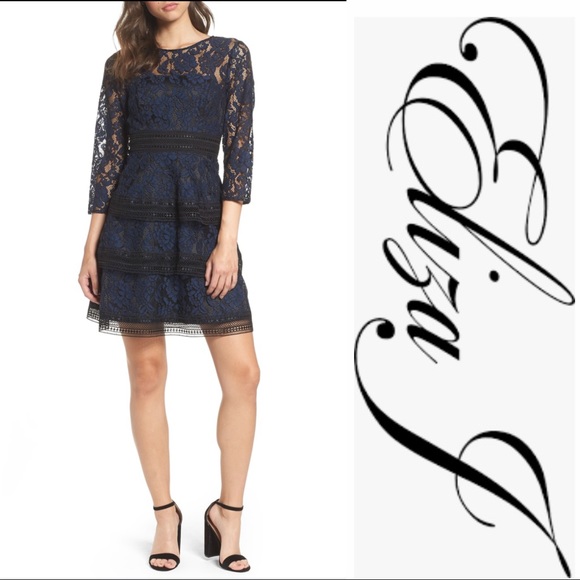 ELIZA J Lace Fit & Flare Dress Navy & Black Sz 6 - Picture 2 of 8
